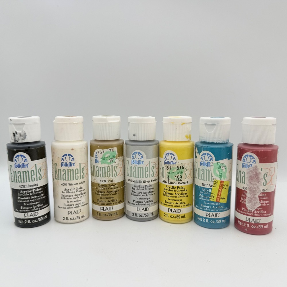 FolkArt Enamels Acrylic Paint For Glass Ceramics 7 Colors 2oz Bottles Plaid Set